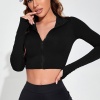 Kadın Siyah Uzun Kol Fermuarlı Parmak Geçme Detaylı Dik Yaka Crop Top Bluz