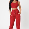 Kadın Kırmızı Kaşkorse Cepli Jogger Eşofman Altı Ve Crop Top Bluz