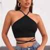 Kadın Siyah Sırtı Açık Boyundan Çapraz Bağlamalı Crop Top Bluz