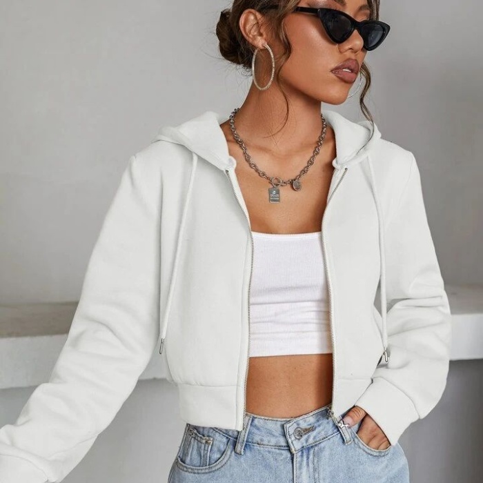 Kadın Kırık Beyaz Fitted Crop Kapşonlu Zip Fermuarlı Polar Hırka Sweatshirt