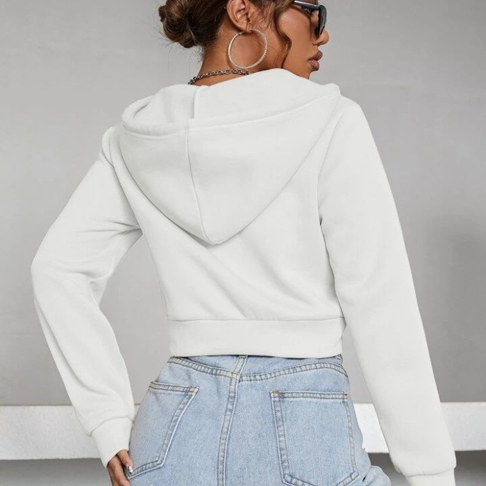 Kadın Kırık Beyaz Fitted Crop Kapşonlu Zip Fermuarlı Polar Hırka Sweatshirt