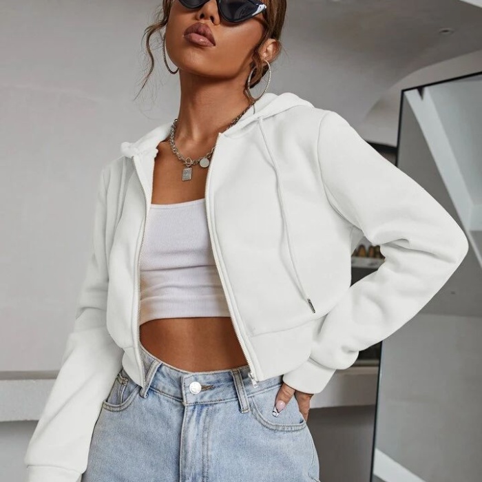 Kadın Kırık Beyaz Fitted Crop Kapşonlu Zip Fermuarlı Polar Hırka Sweatshirt