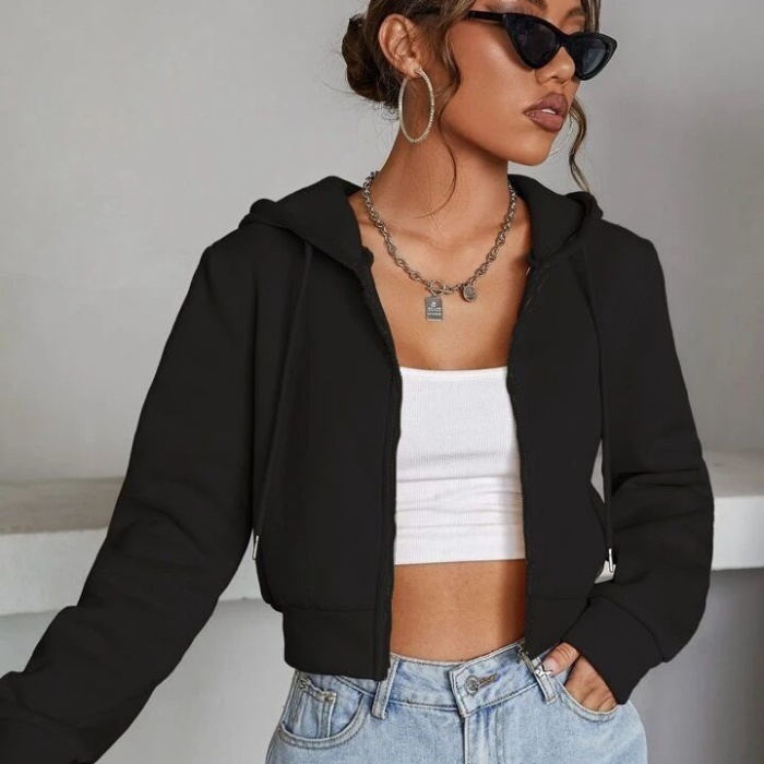 Kadın Siyah Fitted Crop Kapşonlu Zip Fermuarlı Polar Hırka Sweatshirt