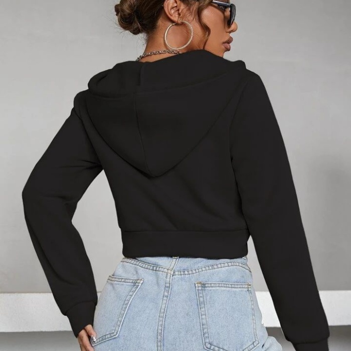 Kadın Siyah Fitted Crop Kapşonlu Zip Fermuarlı Polar Hırka Sweatshirt