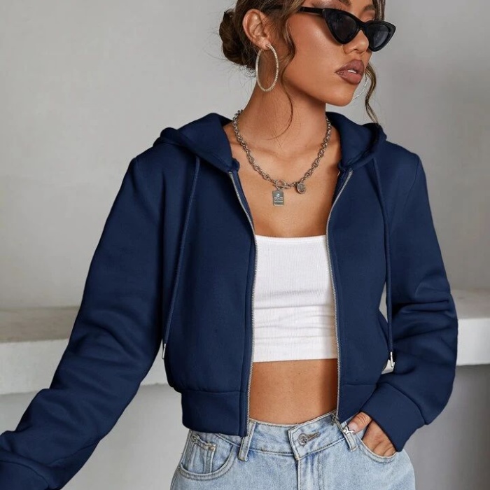 Kadın Lacivert Fitted Crop Kapşonlu Zip Fermuarlı Polar Hırka Sweatshirt
