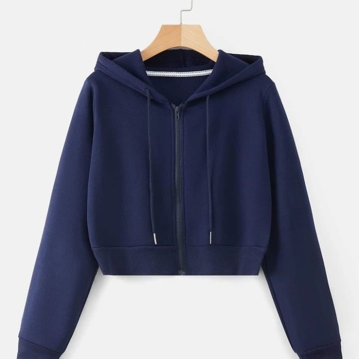 Kadın Lacivert Fitted Crop Kapşonlu Zip Fermuarlı Polar Hırka Sweatshirt