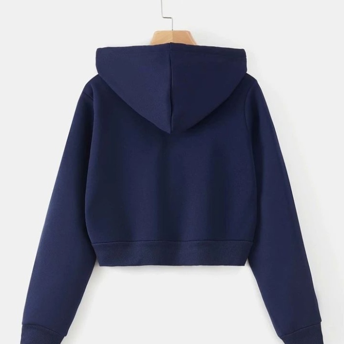 Kadın Lacivert Fitted Crop Kapşonlu Zip Fermuarlı Polar Hırka Sweatshirt