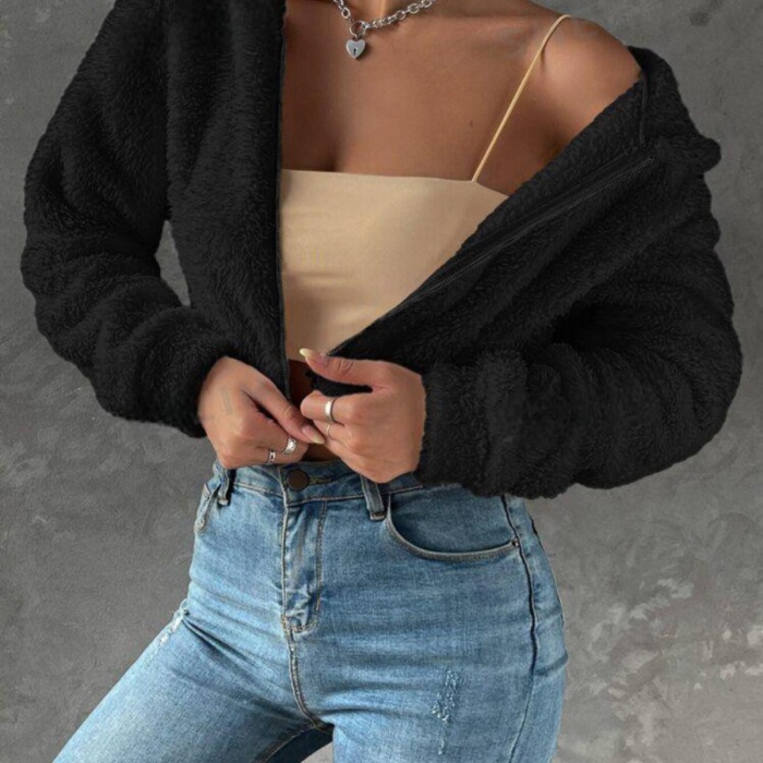 Kadın Siyah Peluş Crop Fitted Kapşonlu Zip Fermuarlı Polar Hırka Sweatshirt