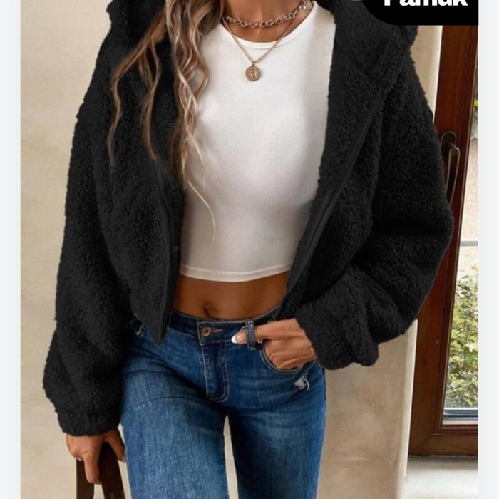 Kadın Siyah Peluş Crop Fitted Kapşonlu Zip Fermuarlı Polar Hırka Sweatshirt