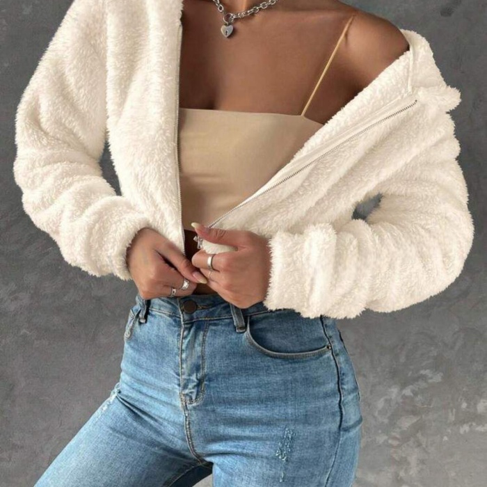Kadın Kırık Beyaz Peluş Crop Fitted Kapşonlu Zip Fermuarlı Polar Hırka Sweatshirt