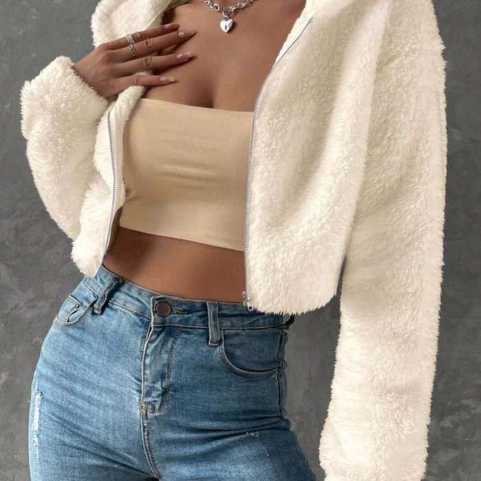 Kadın Kırık Beyaz Peluş Crop Fitted Kapşonlu Zip Fermuarlı Polar Hırka Sweatshirt