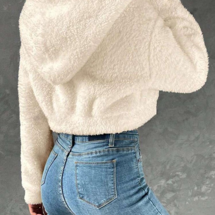 Kadın Kırık Beyaz Peluş Crop Fitted Kapşonlu Zip Fermuarlı Polar Hırka Sweatshirt