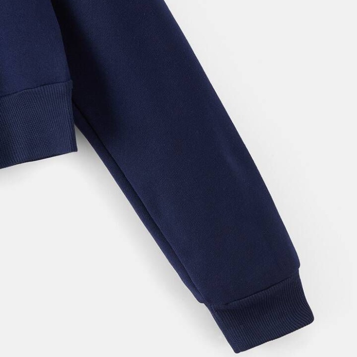 Kadın Lacivert Fitted Crop Kapşonlu Zip Fermuarlı Polar Hırka Sweatshirt