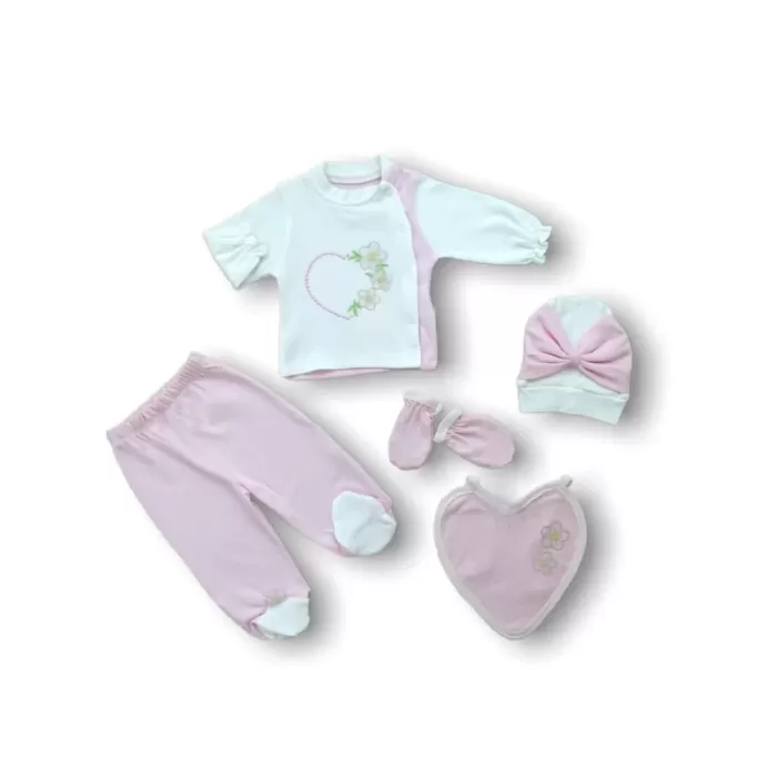 Baharın Çiçekli Kalbi Nakışlı %100 Cotton Antibakteriyel 5li Zıbın Takımı Hastane Çıkışı Pembe