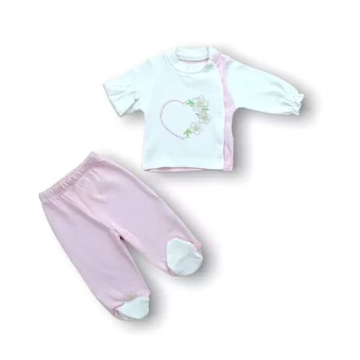 Baharın Çiçekli Kalbi Nakışlı %100 Cotton Antibakteriyel 5li Zıbın Takımı Hastane Çıkışı Pembe