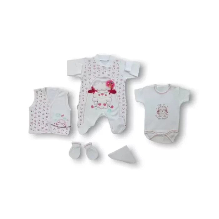 Kuzucuk Nakışlı %100 Cotton Antibakteriyel 5li Zıbın Takımı Hastane Çıkışı Ekru