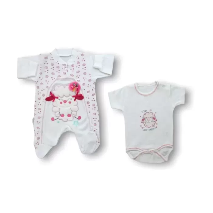 Kuzucuk Nakışlı %100 Cotton Antibakteriyel 5li Zıbın Takımı Hastane Çıkışı Ekru