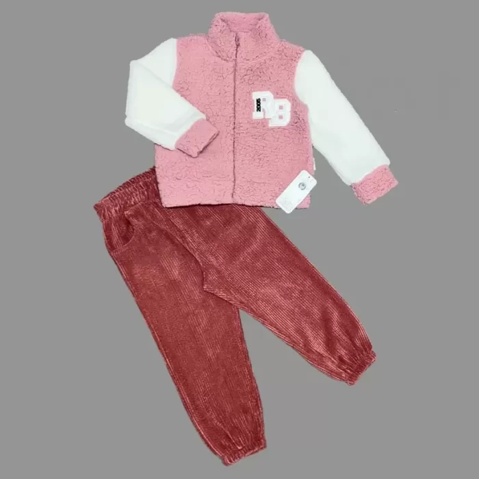Kuzu Kumaş Fermuarlı Sweat Kadife Pantolonlu Uzun Kollu Kız Erkek Çocuk 2li Takım Gül Kurusu