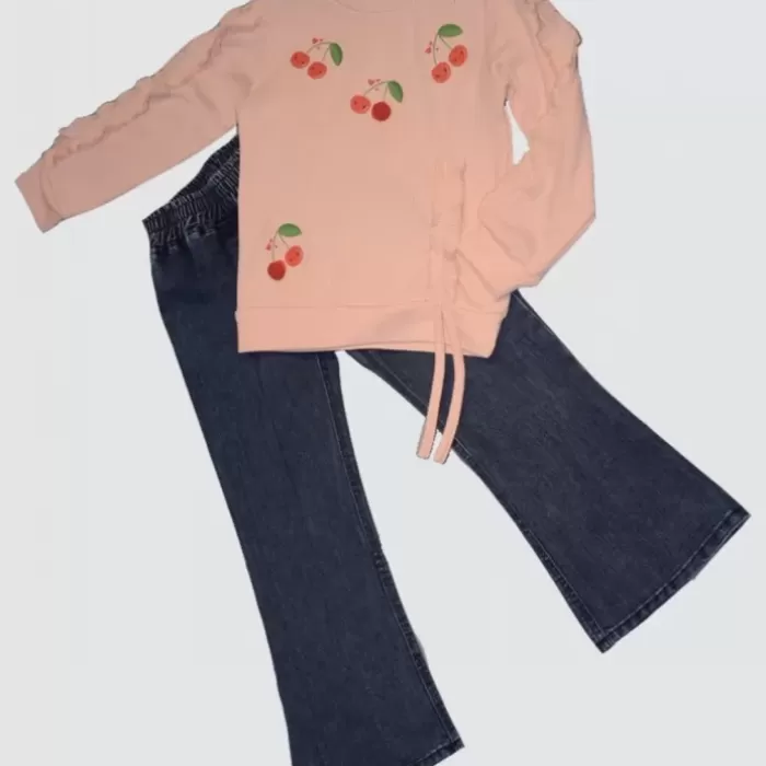 Kot Pantolonlu Kiraz Desenli Penye Sweat Uzun Kollu 2li Kız Çocuk Takımı Pudra