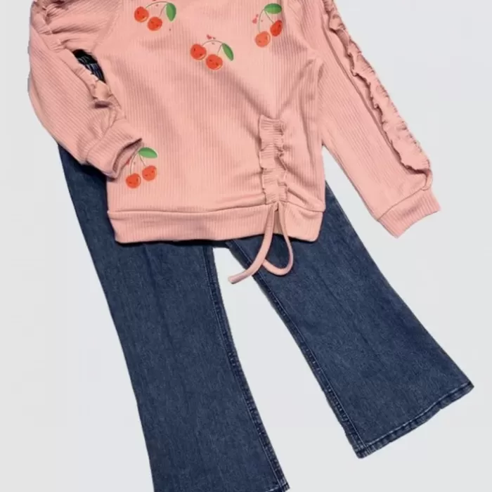 Kot Pantolonlu Kiraz Desenli Penye Sweat Uzun Kollu 2li Kız Çocuk Takımı Gül Kurusu