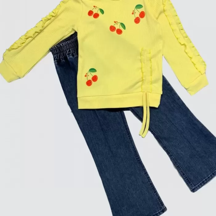 Kot Pantolonlu Kiraz Desenli Penye Sweat Uzun Kollu 2li Kız Çocuk Takımı Sarı