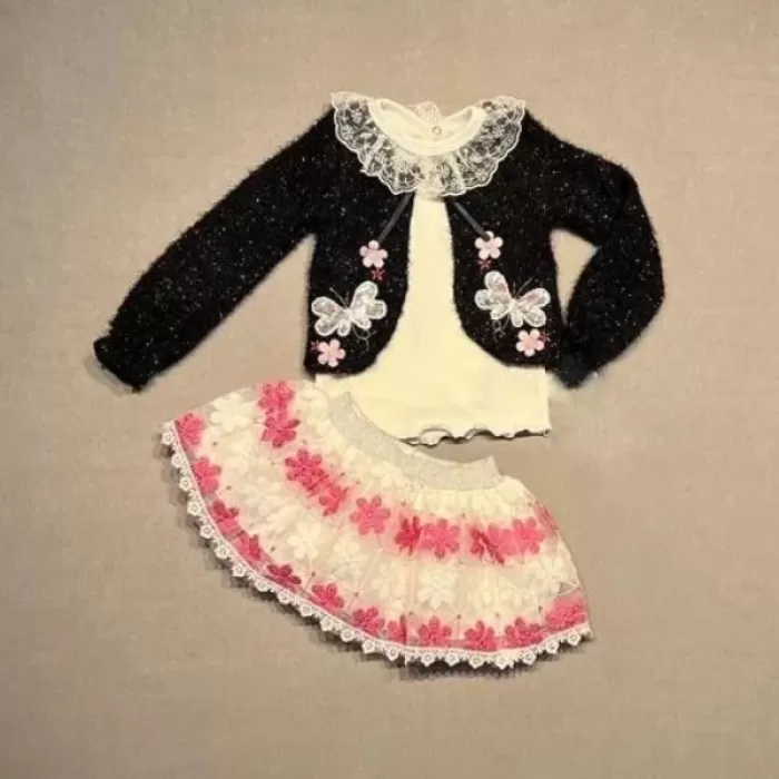 Brode Etekli Örme Hırkalı Uzun Kollu Sweat 3lü Kız Çocuk Takımı Siyah