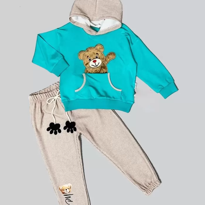 Pelüş Ayı Desenli Kapşonlu Uzun Kollu Penye Sweat 2li Erkek Çocuk Takımı Mint Yeşili