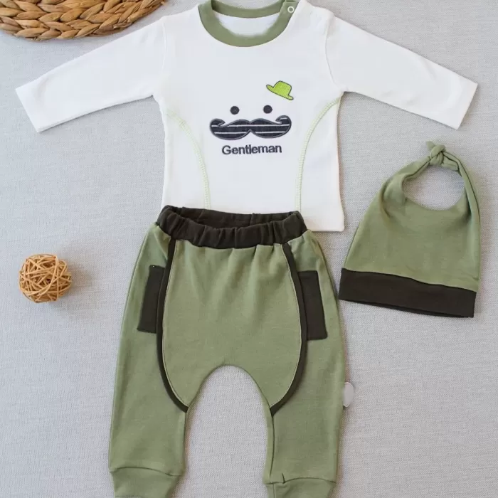 Gentleman Erkek Nakışlı Şapkalı Uzun Kollu Sweat 3lü Erkek Bebek Takımı Yeşil