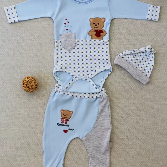 Romantik Aayıcık Nakışlı Şapkalı Uzun Kollu Zıbınlı 3lü Kız-erkek Bebek Takımı Mavi