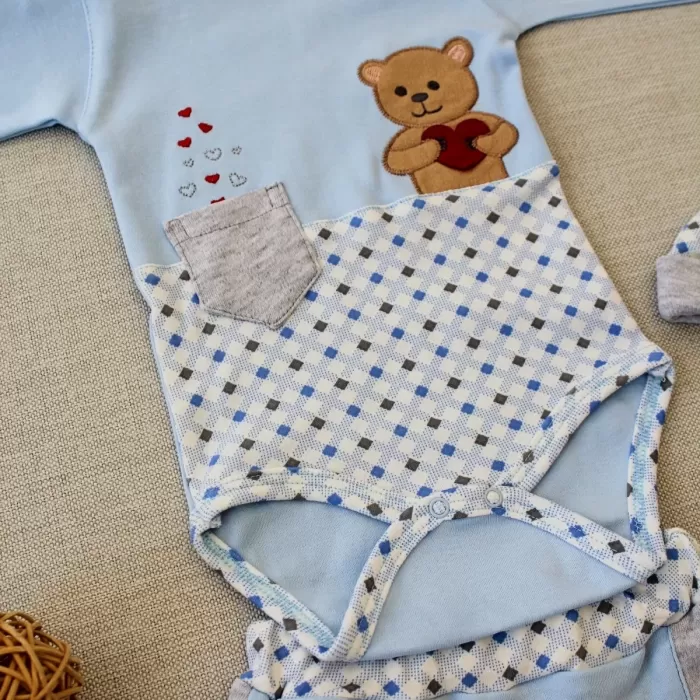 Romantik Aayıcık Nakışlı Şapkalı Uzun Kollu Zıbınlı 3lü Kız-erkek Bebek Takımı Mavi
