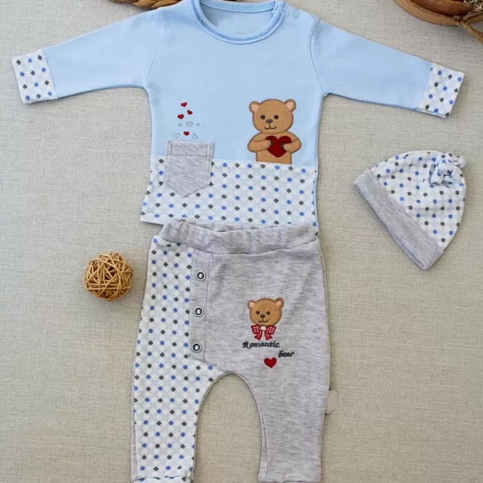 Romantik Ayıcık Nakışlı Şapkalı Uzun Kollu Sweatli 3lü Kız-erkek Bebek Takımı Mavi