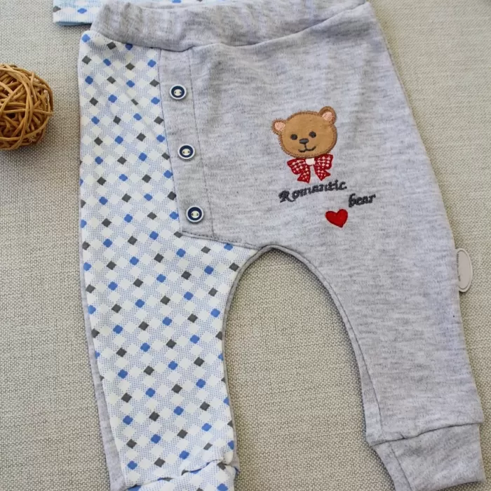 Romantik Ayıcık Nakışlı Şapkalı Uzun Kollu Sweatli 3lü Kız-erkek Bebek Takımı Mavi