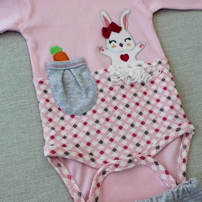 Havuç Tavşan Nakışlı Bandanalı Uzun Kollu Zıbınlı 3lü Kız Bebek Tak Pembe
