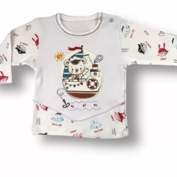 Minik Korsan Nakışlı Şapkalı Uzun Kollu Sweatli 3lü Kız-erkek Bebek Takımı Ekru