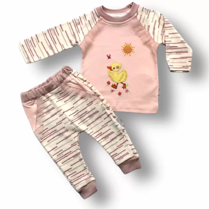 Süslü Ördek Nakışlı Uzun Kollu Sweatli 2li Kız Bebek Takımı Pembe