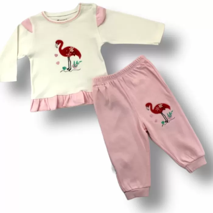 Flamingo Nakışlı Uzun Kollu Sweatli 2li Kız Bebek Takımı Ekru