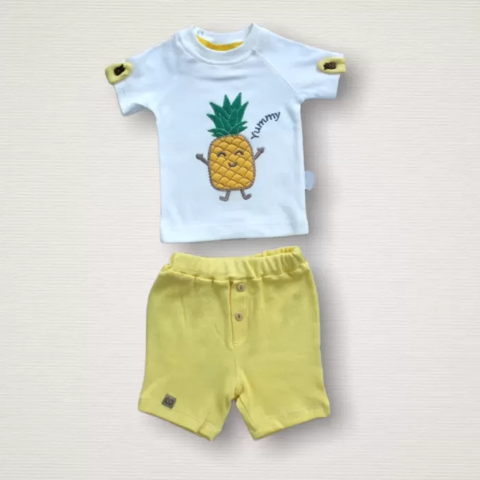 Ananas Nakışlı Kısa Kollu Sweatli Şortlu 2li Kız-erkek Bebek Takımı Sarı