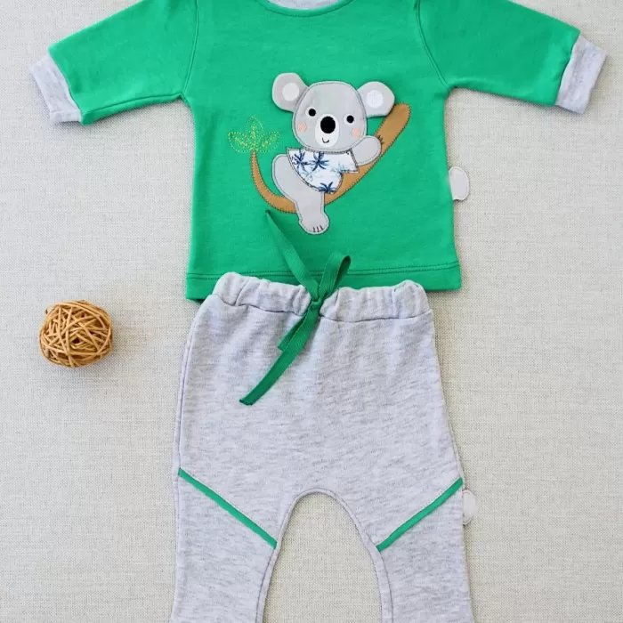 Yavru Koala Nakışlı Uzun Kollu Sweat 2li Kız Erkek Bebek Takımı Yeşil