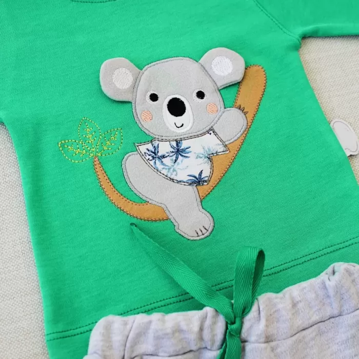 Yavru Koala Nakışlı Uzun Kollu Sweat 2li Kız Erkek Bebek Takımı Yeşil