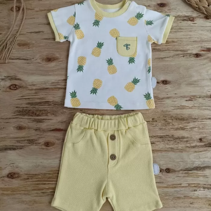 Ananas Baskılı Şort Tişört 2 Li Kız Erkek Bebek Takımı Sarı
