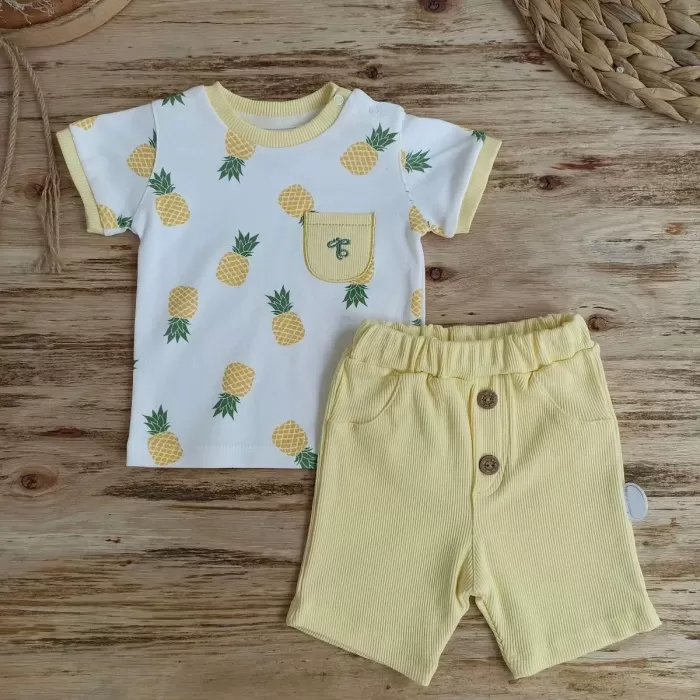 Ananas Baskılı Şort Tişört 2 Li Kız Erkek Bebek Takımı Sarı