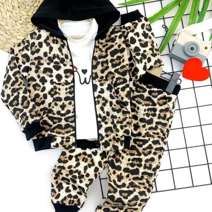 Kapşonlu Leopar Desenli Sweatli 3lü Kız Çocuk Takımı Kahverengi