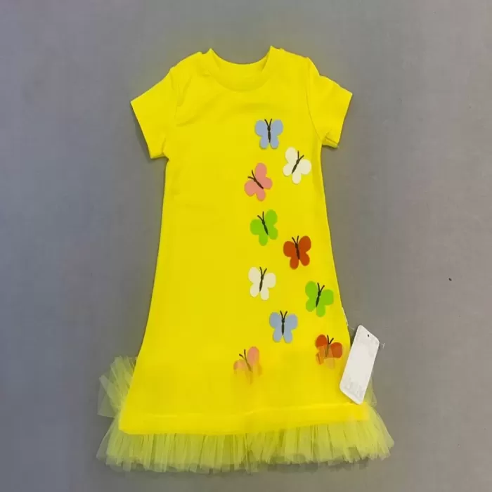 Renkli Kelebekler Nakışlı Eteği Fırfırlı Jile Çocuk Elbisesi Sarı