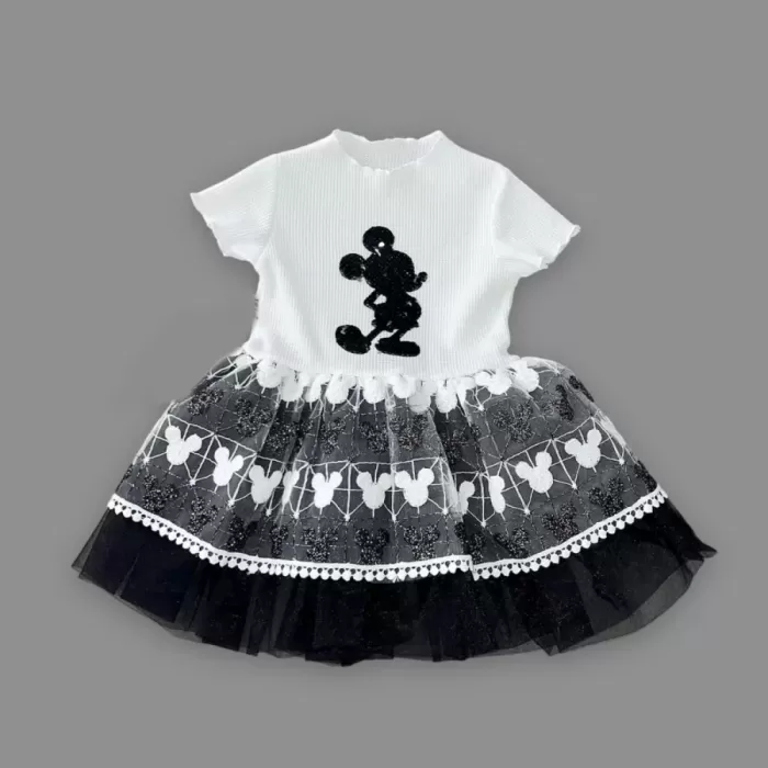 Petli Mickey Baskılı Brode Etekli Kız Bebek Elbisesi Siyah