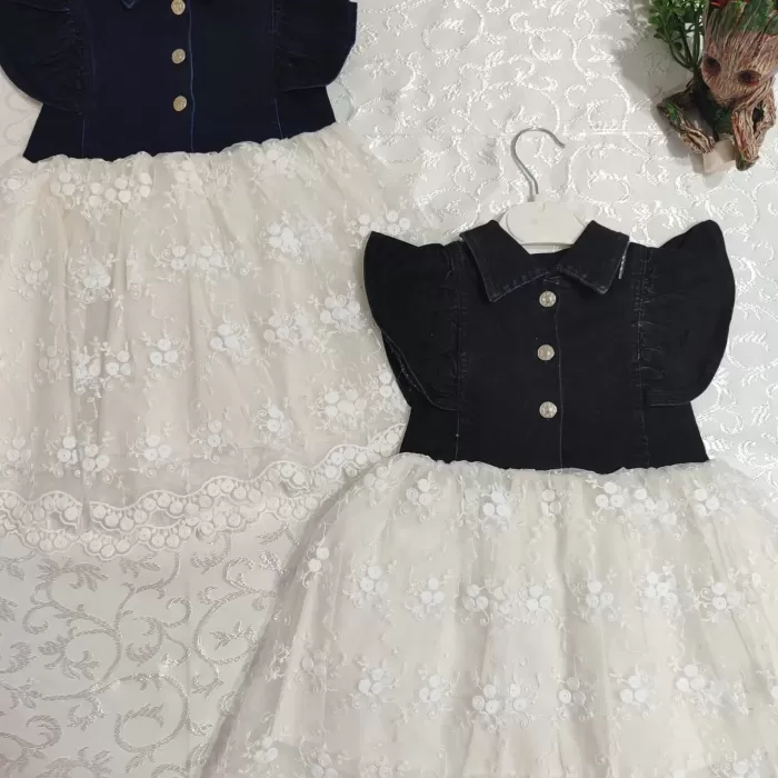 Astarlı Brode Etekli Kot Kumaş Düğmeli Kız Çocuk Elbisesi Lacivert
