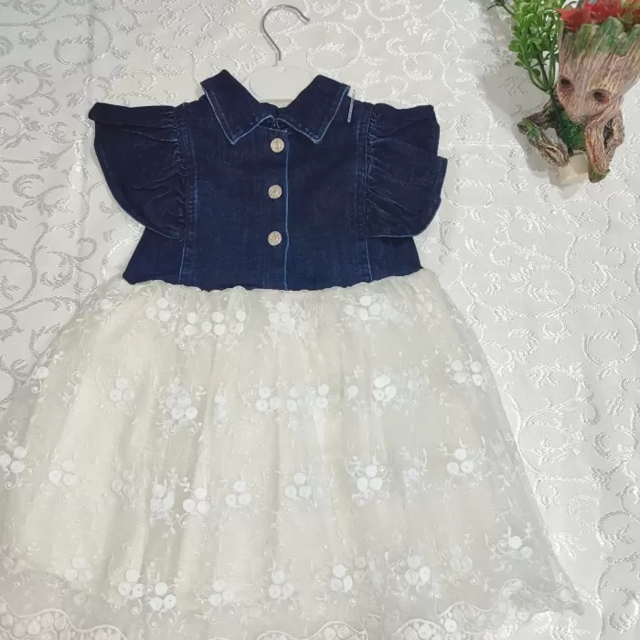 Astarlı Brode Etekli Kot Kumaş Düğmeli Kız Çocuk Elbisesi Mavi