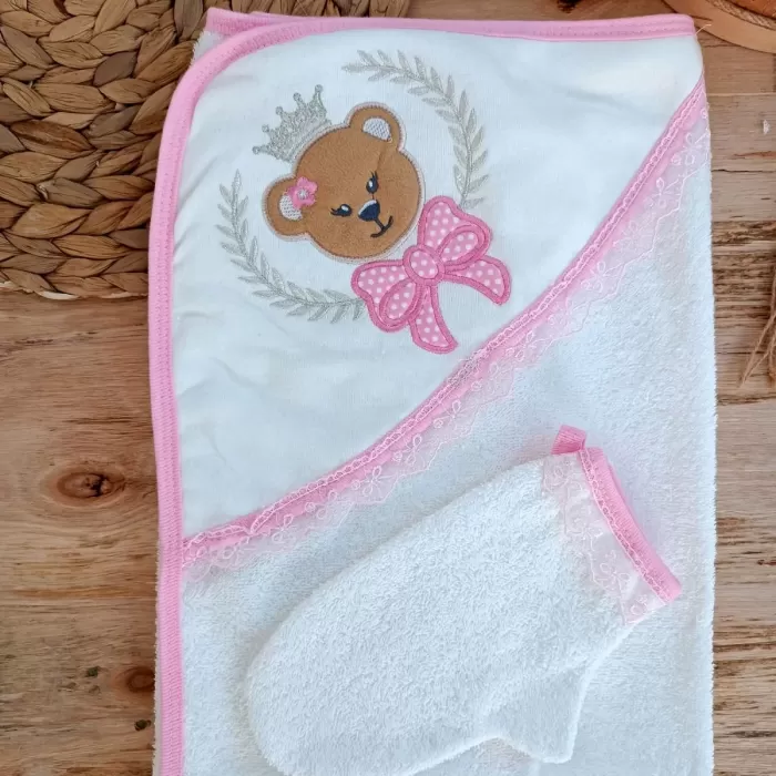 Bear Nakışlı El Keseli 2likız Bebek Havlu Takımı Pembe