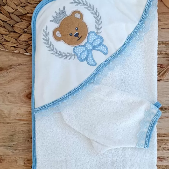 Bear Nakışlı El Keseli 2li Erkek Bebek Havlu Takımı Mavi