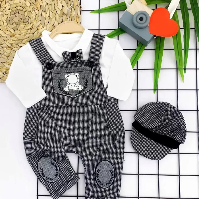 Papyonlu Kırçıl Nakış Detaylı Kasket Şapkalı Uzun Kollu 3lü Erkek Bebek Salopet Takımı Gri