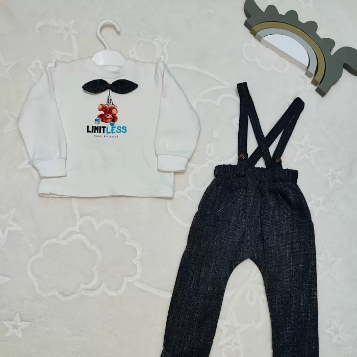 Papyonlu Sweat Kot Pantolon 2li Erkek Bebek Salopet Takımı Gri